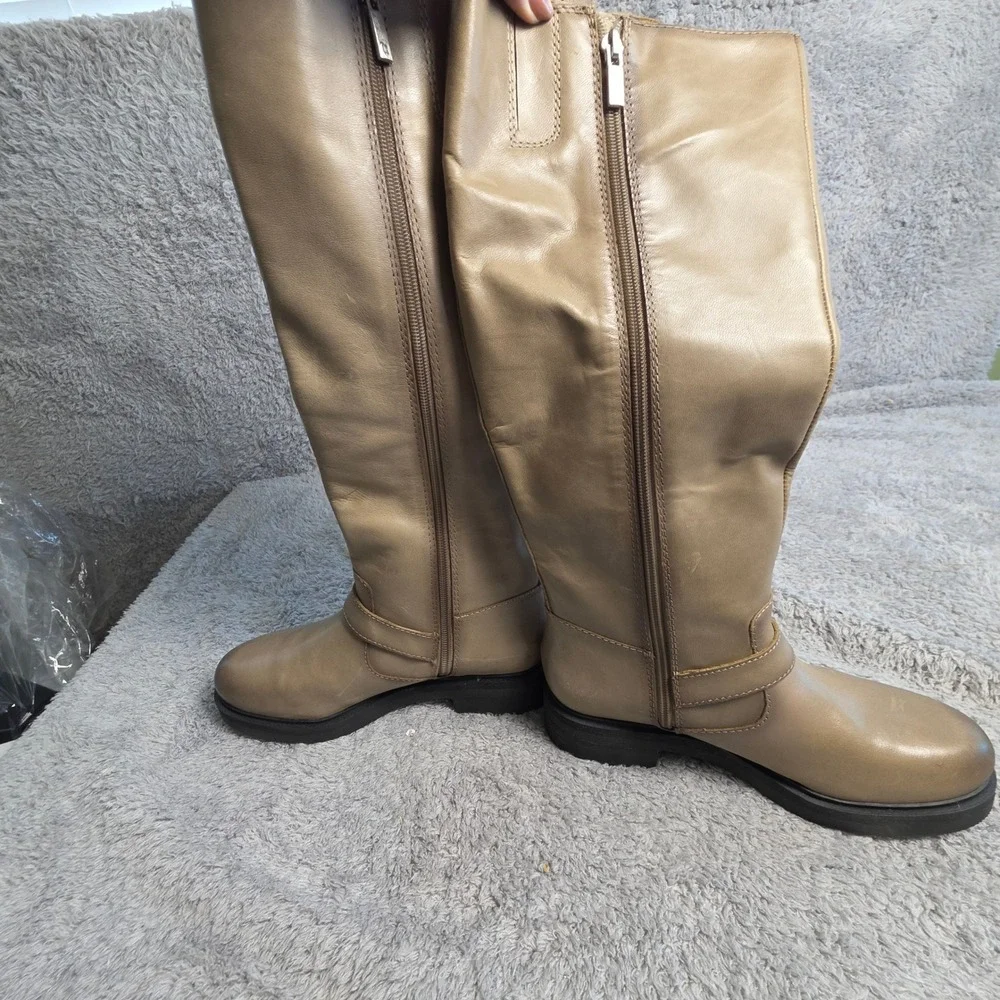 Lucky Brand Womens Riding Boots 7.5M Knee High Tan Leather Triple Buckle Low NEW